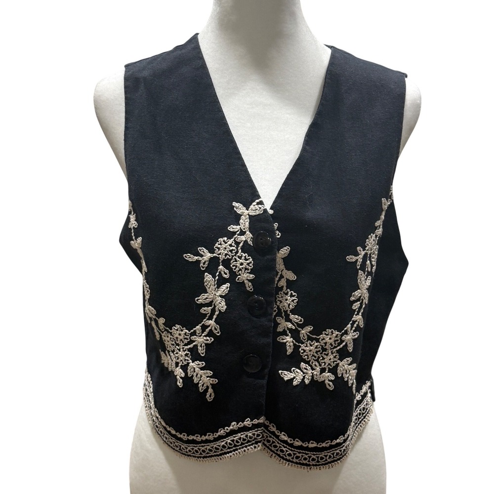 Vintage Express Embroidered Black Vest Sz‎ S Sleeveless Boho Cottagecore Floral